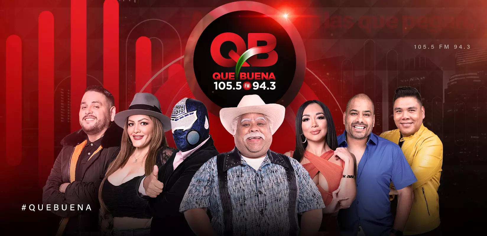 Aquí suena la Qué Buena! Estación de radio para los latinos en Los Ángeles conducida por Don Cheto, Gisselle Bravo, El Chino, Said, El Compa Marlene Quinto y J9.
